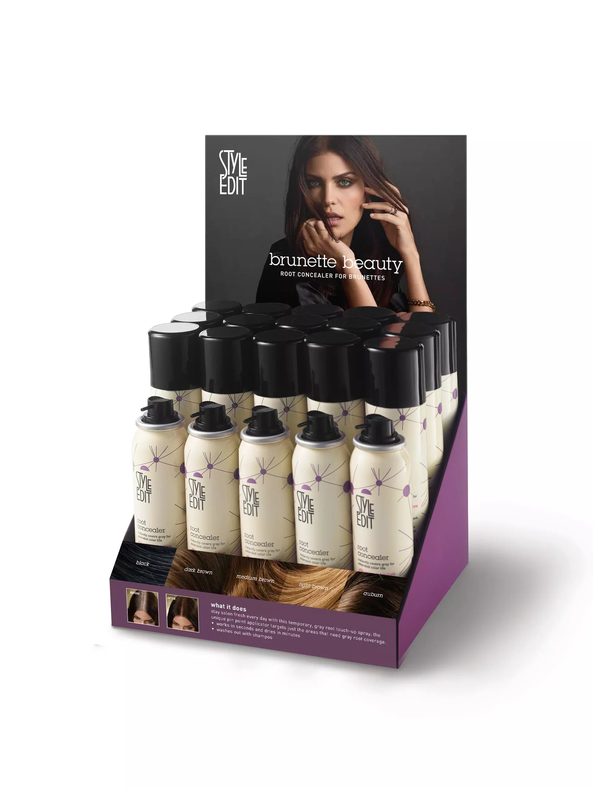 Root Concealer Spray Display Brunette + Red